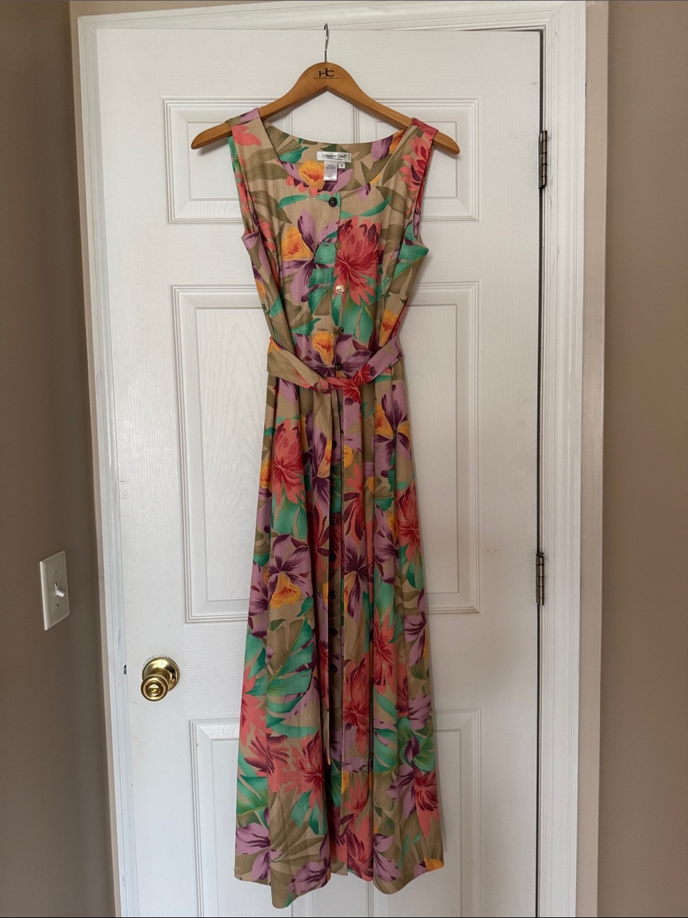 Coldwater Creek Floral Maxi Dress in Tan, Green & Pink